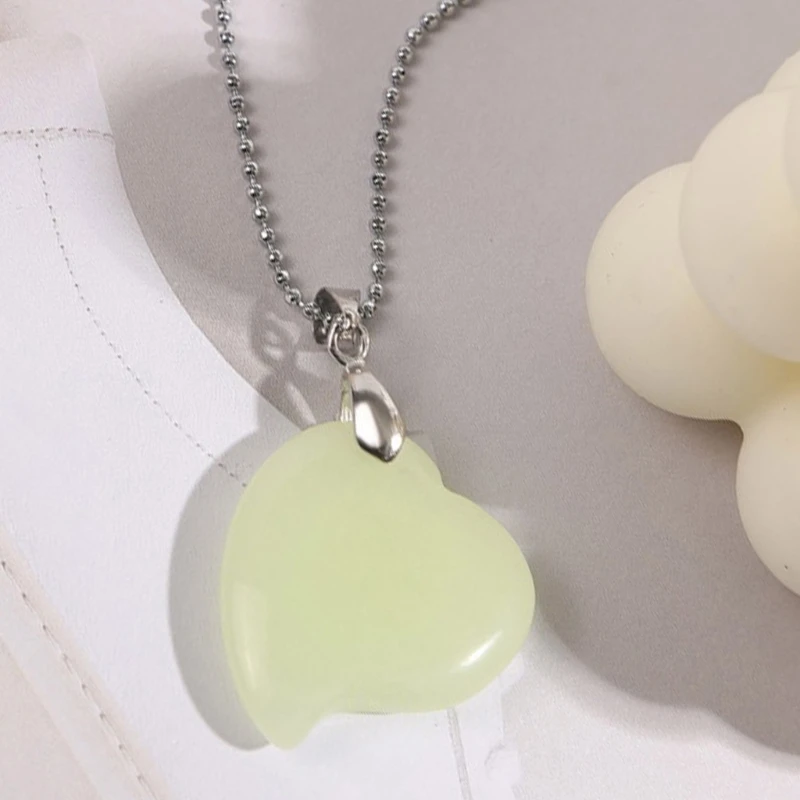 Natural Stone Pendant Necklace Crystal Green Luminous Round Beads Chain Necklace