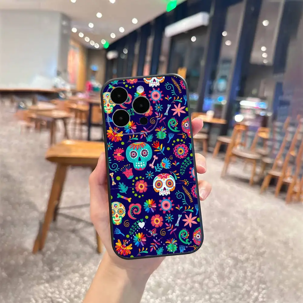 Funda de teléfono con patrón del Día de D-Dead para iPhone 17 16 15 14 13 12 Max Plus, funda negra de silicona