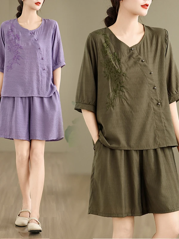 Conjunto de Roupas Fenas Plus Size de Verão Moda Solta com Bordado Top de Decote em V orts Casuais Conjunto de Duas Peç...