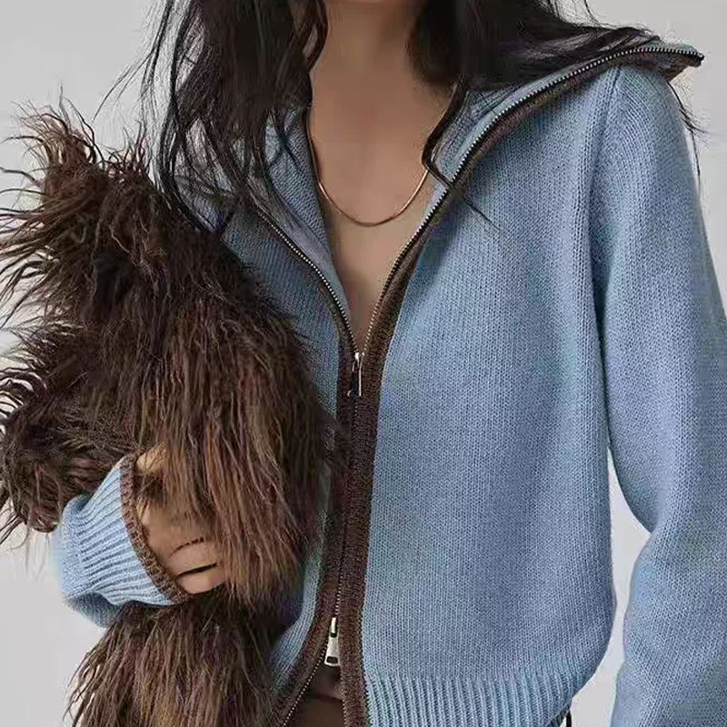 2026 new autumn and winter 100% pure wool women's lapel double zipper sweater loose color block knitted cardigan
