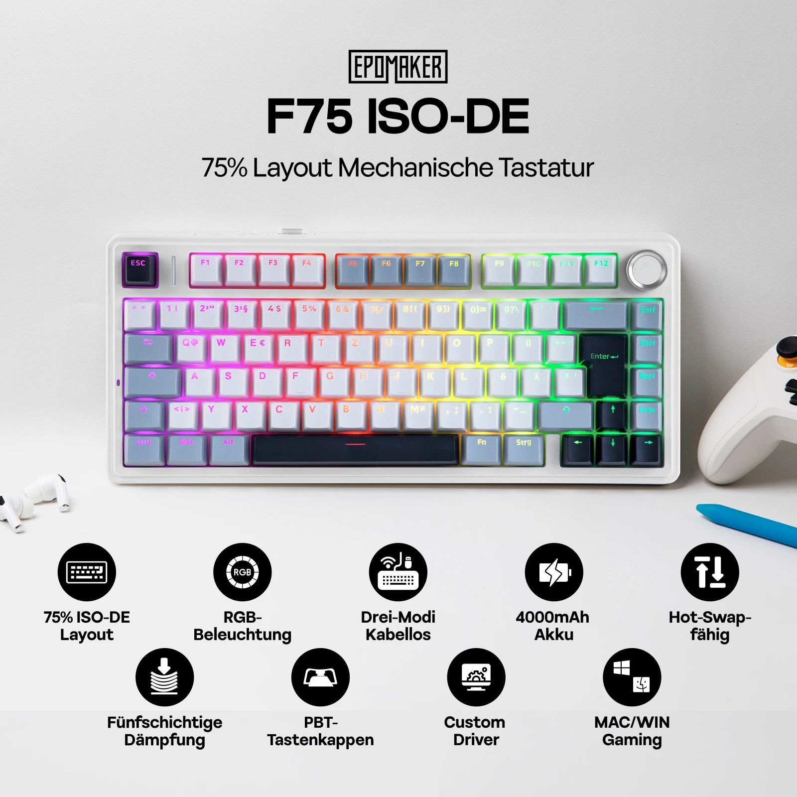 EPOMAKER x AULA F75 ISO-DE connectivité tri-mode QWERTZ disposition allemande clavier mécanique sans fil avec batterie 4000 mAh