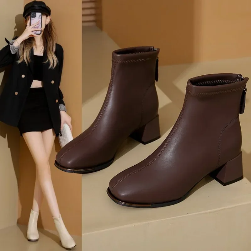 Square Toe Women Ankle Boots Flock Stretch Shoes Thin Mid Heels Black/Brown/Beige Back Zipper Dress Sock Boots Woman Size 34-40