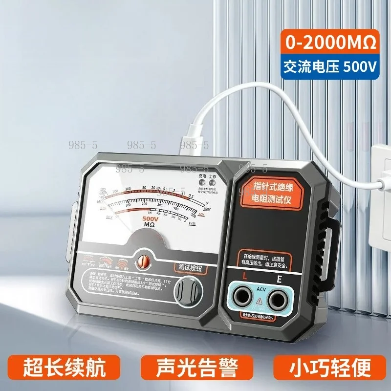 500V 1000MΩ Pointer Insulation Resistance Meter, USB Rechargeable Megohmmeter with AC/DC Voltage Detect for Electrical Testing