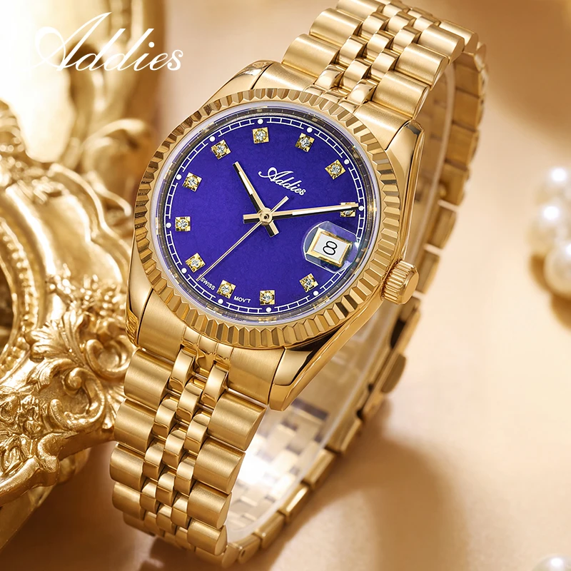 ADDIES Luxury Woman Watch Sapphire Glass Natural Stone Dial 316L Stainless Steel 50m Waterproof Ladies Wristwatch Luminous Gift