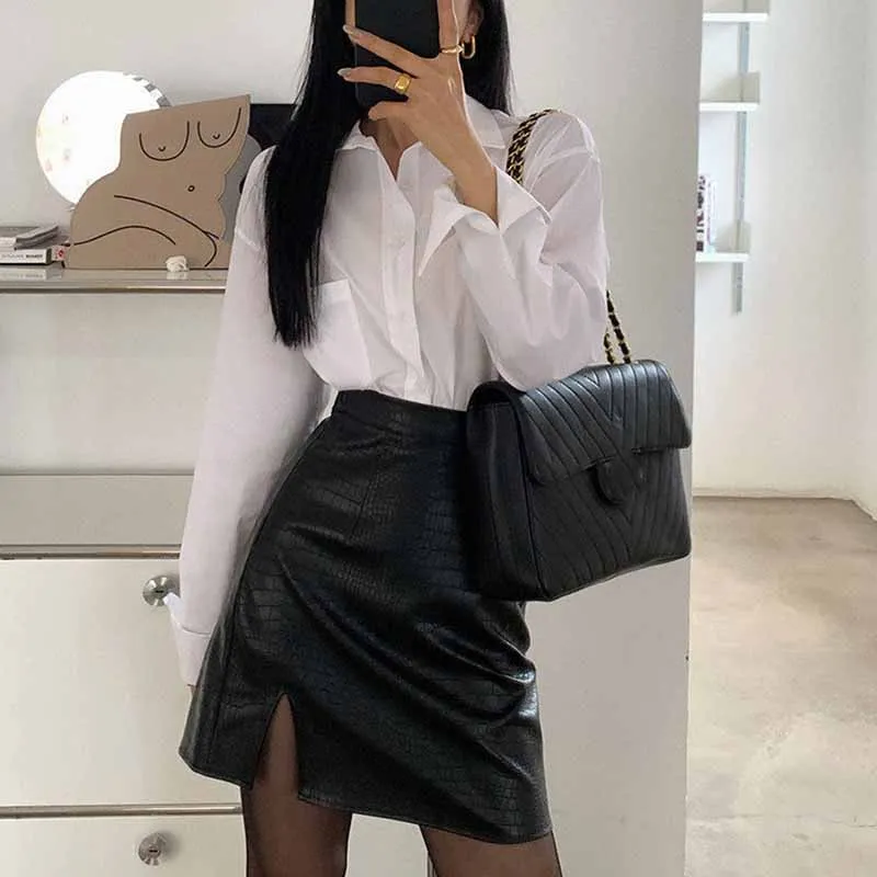 

Сексуальные черные кожаные юбки с разрезом по бокам, женские корейские модные облегающие офисные женские юбки-карандаш, модная облегающая юбка из искусственной кожи