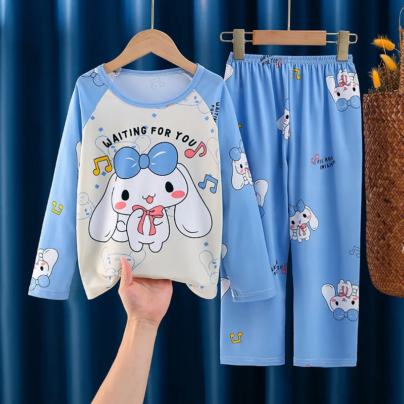 Kawaii Sanrios Children Pajamas Kuromi Cinnamoroll Milk Silk Pajamas Sets Anime Girl Boy Sleepwear Autumn Kids Homewear Clothes