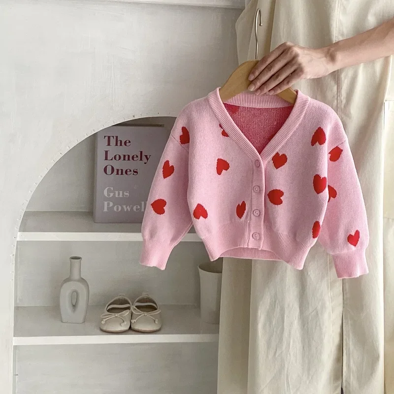 Cute Baby Girl Sweater 0-3Years Newborn Kids Long Sleeve Heart Pattern Knitted Cardigan Tops Outfits INS Spring Autumn Clothes