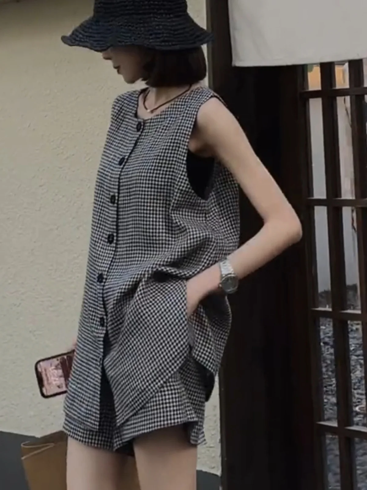 

Faionable женский летний комплект из двух предметов, клетчатый жилет и орты, высококачественный комплект Ele Bla и белый квадратный узор