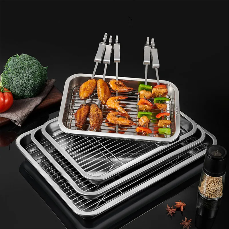 Rectangle Stainless Steel Bakeware BBQ Grid Food Storage Tray Bread Baking Pan Cooling Rack Fruit Pastry Plates Kitchen Utensils