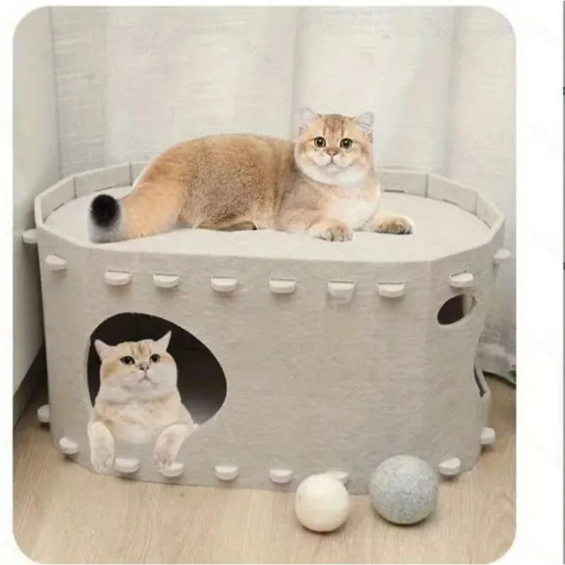 2-in-1 Foldable Cat Hideaway House Dual Layer Felt Lounge Pet Play Space for Indoor Cats