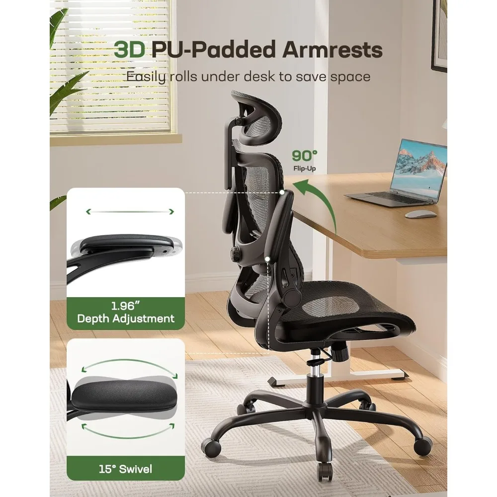 كرسي مكتب شبكي مريح من Marsail كرسي مكتب منزلي عالي الظهر مع دعم قطني متكيف، مسند رأس ثنائي الأبعاد، ذراع قابل للطي ثلاثي الأبعاد #5