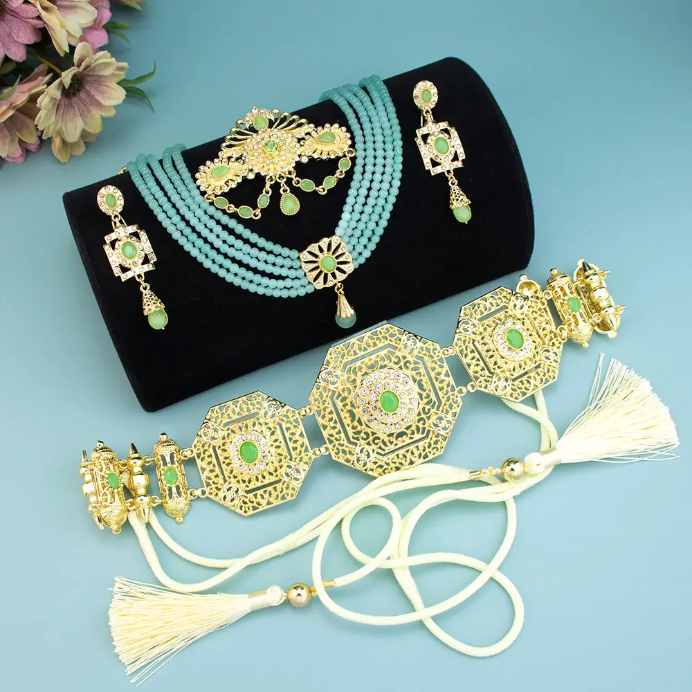 

Sunspicems Chic Morocc Bride Jewelry Set Arabic Caftan Rope Belt Bead Choker Necklace Crystal Brooch Square Crystal Drop Earring