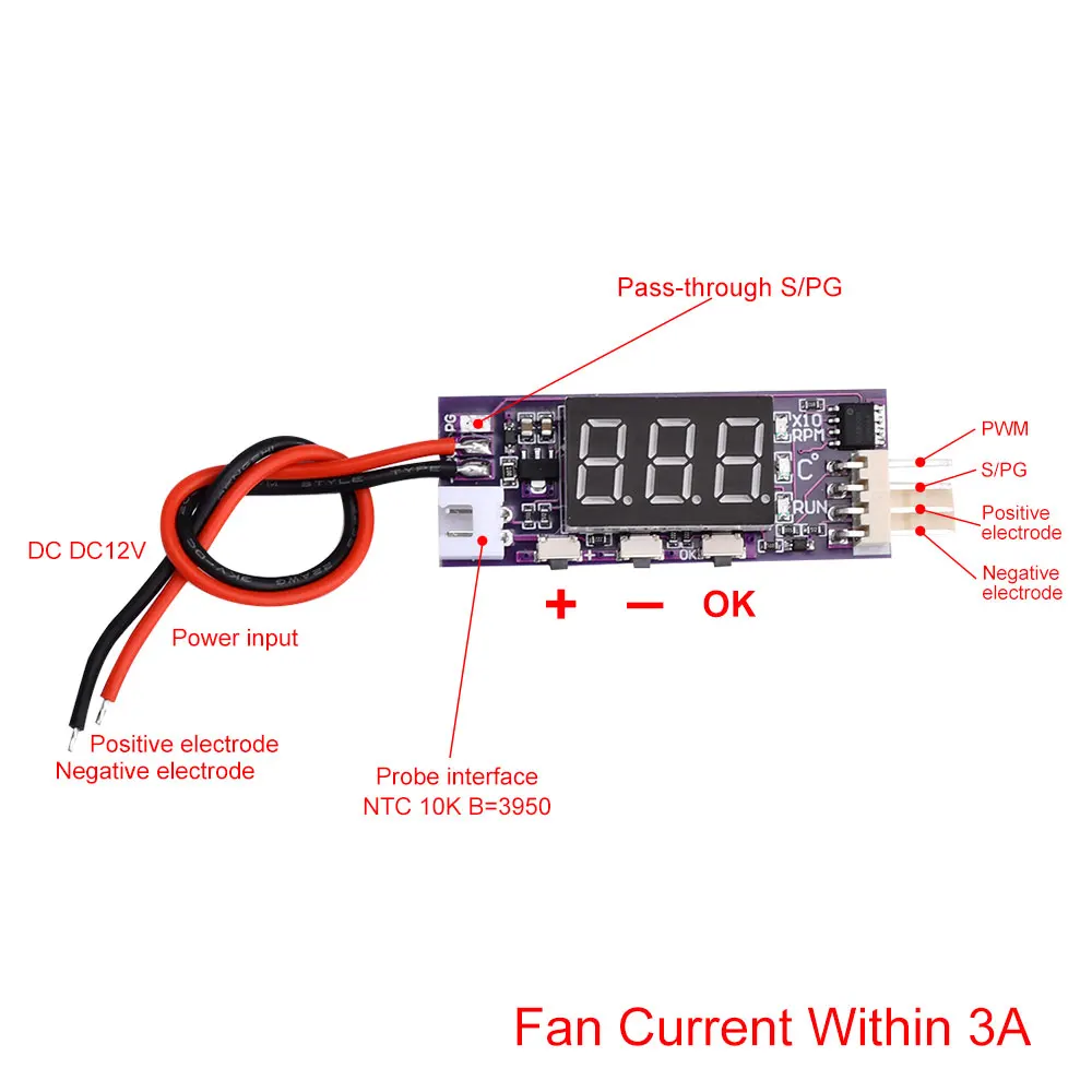 DC12V Small  PWM Temperature Rotating Speed Control Module LED Temperature Speed Digital Display Supports 3A Fan Shutdown
