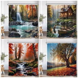 Autumn Forest Landscape Shower Curtains Red Maple Trees Waterfall Log Cabin Bear Fall Scenery Fabric Home Bathroom Curtain Decor