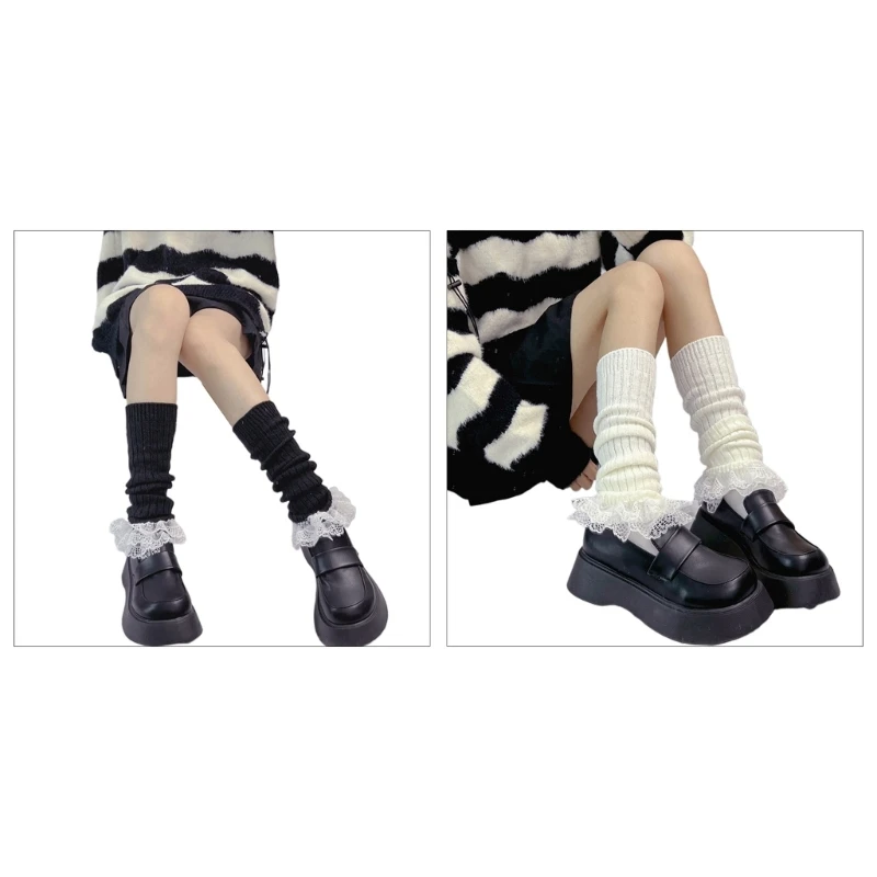 

Japanese Women Girls Rib Knit Leg Warmer Socks Ruffled Lace Pleated Stockings