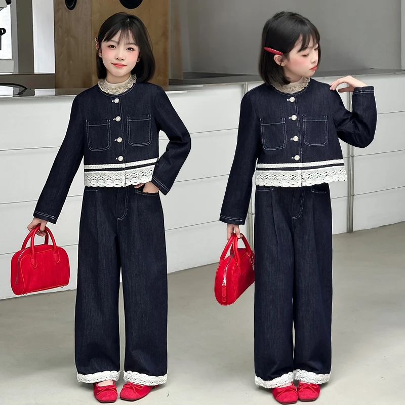 4-14 autumn teen girls Denim clothes set Splicing lace denim jacket+wide leg jeans junior kid ensemble pants fille child outfits