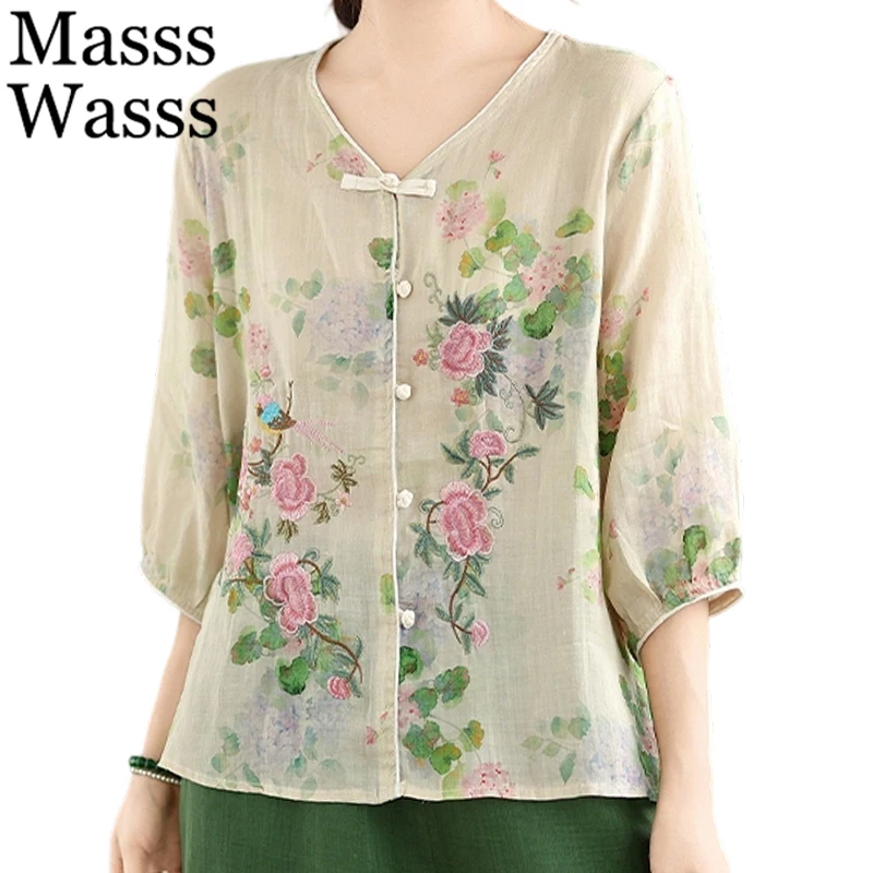 

Masss Wasss Summer Chinese Ladies Fashion Embroidery Shirts Women Vintage Casual Floral Tops Cotton Linen Clothes Elegant Blouse