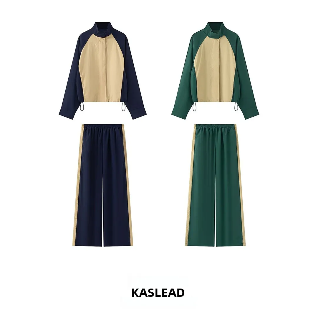 KASLEAD New Women's Fashion Patchwork Jacket Coat Casual Pants Autumn Season Long Sleeve Striped Pattern Two-Piece Set