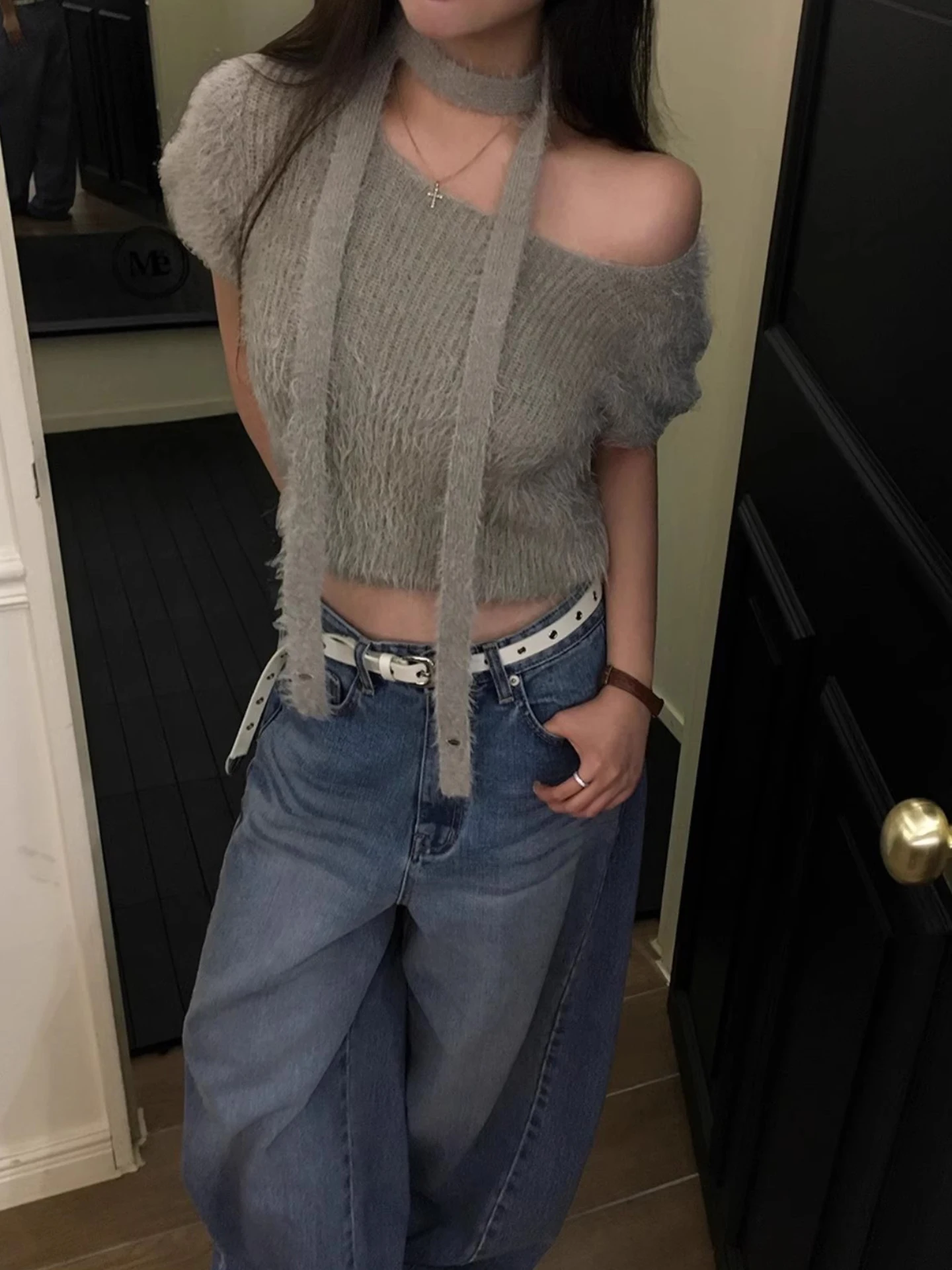 

Retro Square Collar ort Sve Knitted Sweater Women's Slim Fit Winter New Sle Hanging Ne Feather Sensation Knitwear