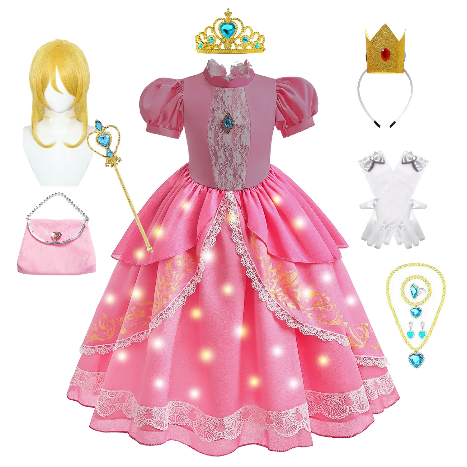 Girls Pink Peach Princess Cosplay Costume With LED Lights Children Halloween Glowing Disguise Kids Pink Birthday Vestidos Party