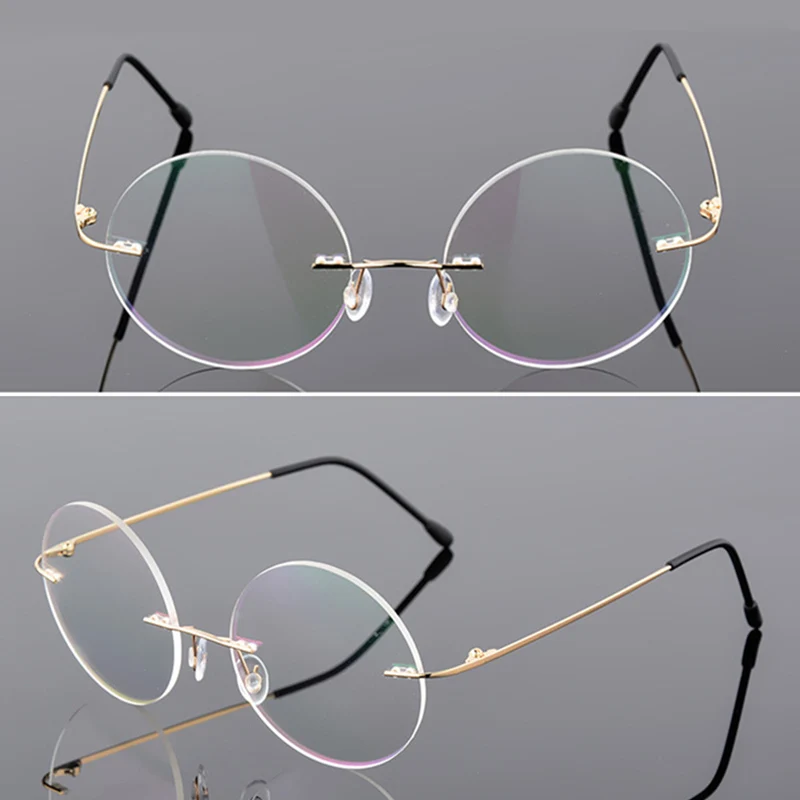 SWOKENCE Rimless Prescription Glasses Myopia -0.5 to -8.0 Men Women Round Lenses Anti Blue Ray Photochromic Nearsighted F088