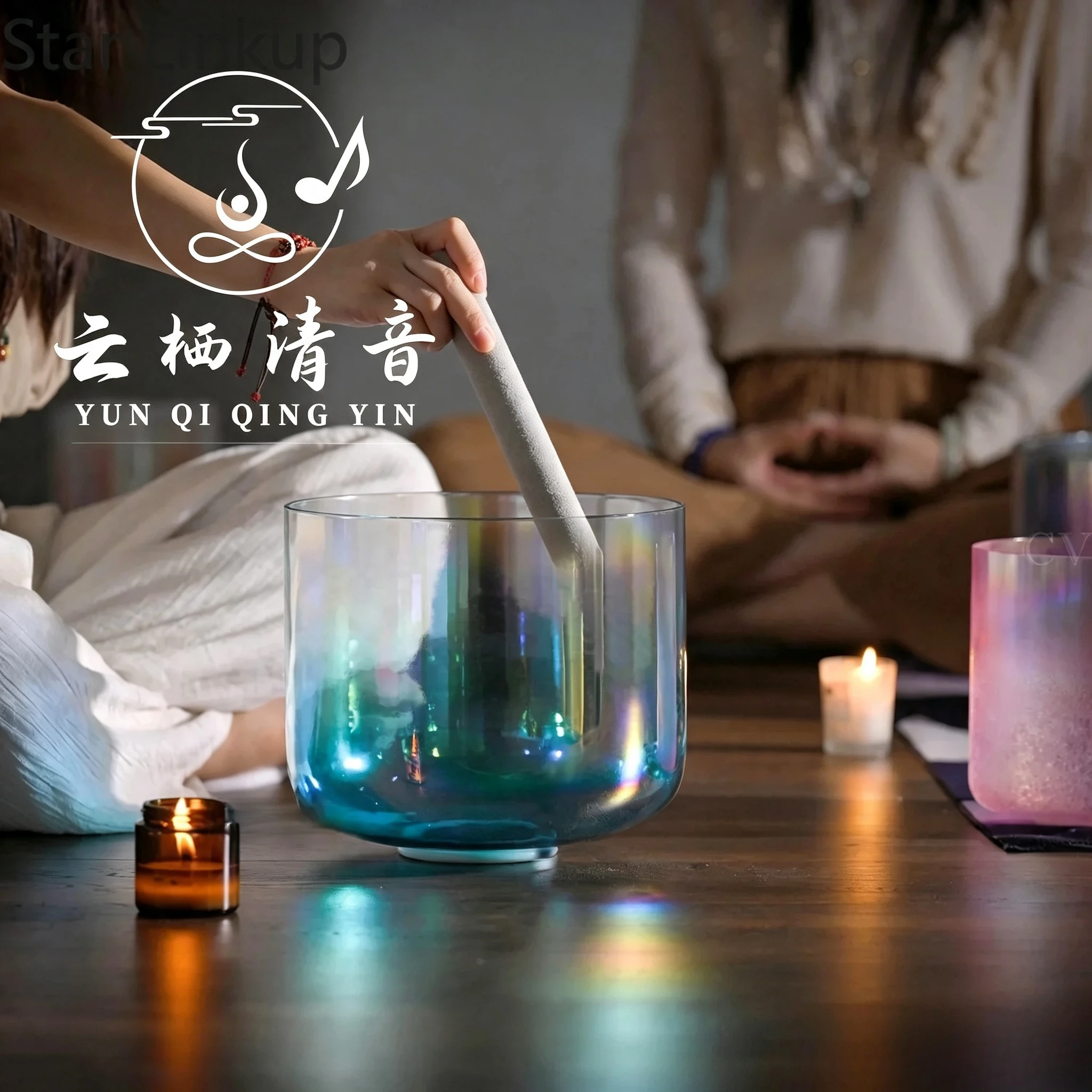 YUN QI QING YIN Dream Sunny Sea Gradient Cosmic Glow 6 Inch Clear Quartz Singing Bowl Kit With Mallet Relaxation Sound Bath Healing Bowl