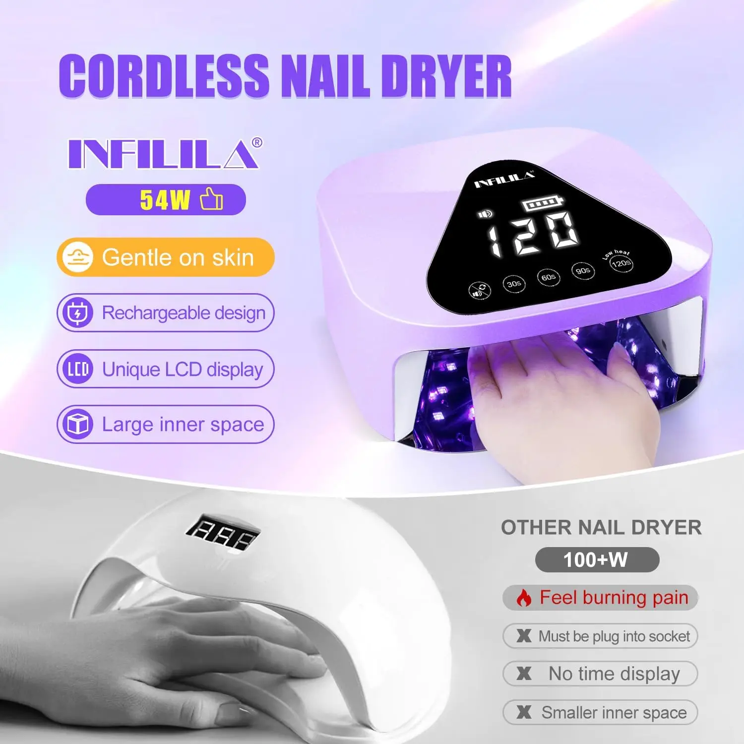 مصباح أظافر LED لاسلكي للأشعة فوق البنفسجية لأظافر الجل، تحكم باللمس، 4 مؤقتات، مستشعر تلقائي - أرجواني