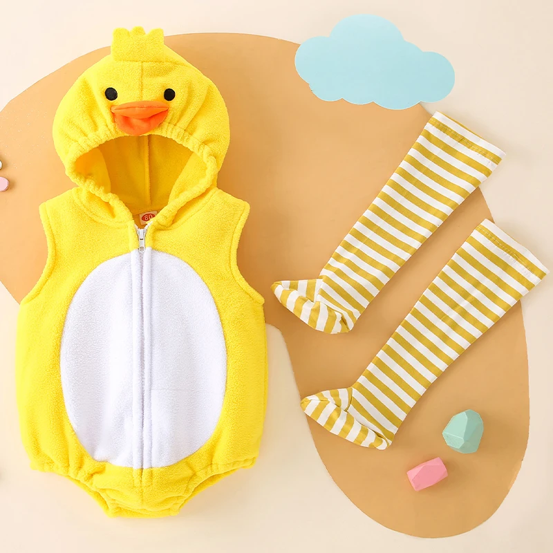 Cute Yellow Duck Baby Romper Set with Socks, Soft Cotton Hooded Jumpsuit for 0-24 Months, Unisex Infant Outfit