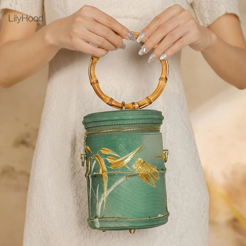 Women Retro Chic Embroidery Chinese Stylish Barrel-shaped Handbag Vintage Designer Evening Bamboo Handle Small Side Shoulder Bag