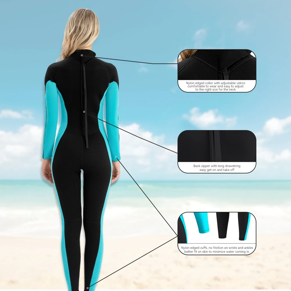여성용 네오프렌 스노클링 세트, 따뜻한 해파리 방지 방한 원피스 백 지퍼 잠수복, 수영 표류 서핑 잠수복, 3mm