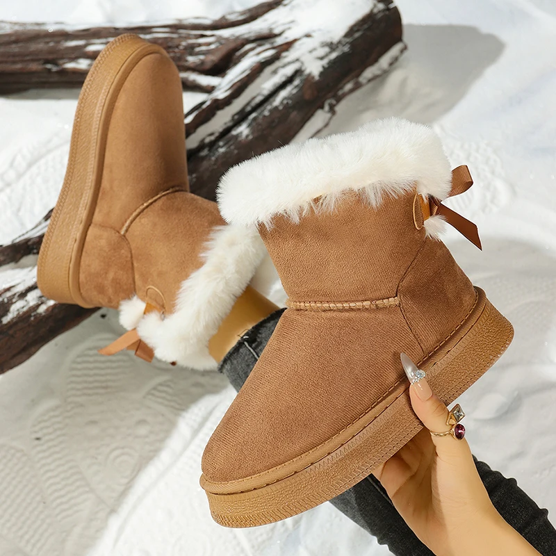 Botas de nieve de lana sintética acogedoras para mujer, zapatos acolchados de algodón y piel de suela gruesa, botines con plataforma de felpa con decoración con lazo para invierno