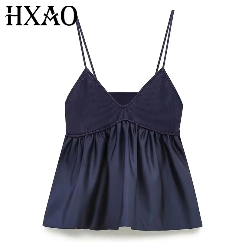 HXAO Blue Knitted Top Female Sleeveless Crop Tops Women 2024 Summer Backless Corset Top Woman Patchwork Ruffle Beach Tank Tops