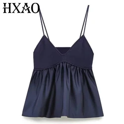 HXAO Blue Knitted Top Female Sleeveless Crop Tops Women 2024 Summer Backless Corset Top Woman Patchwork Ruffle Beach Tank Tops