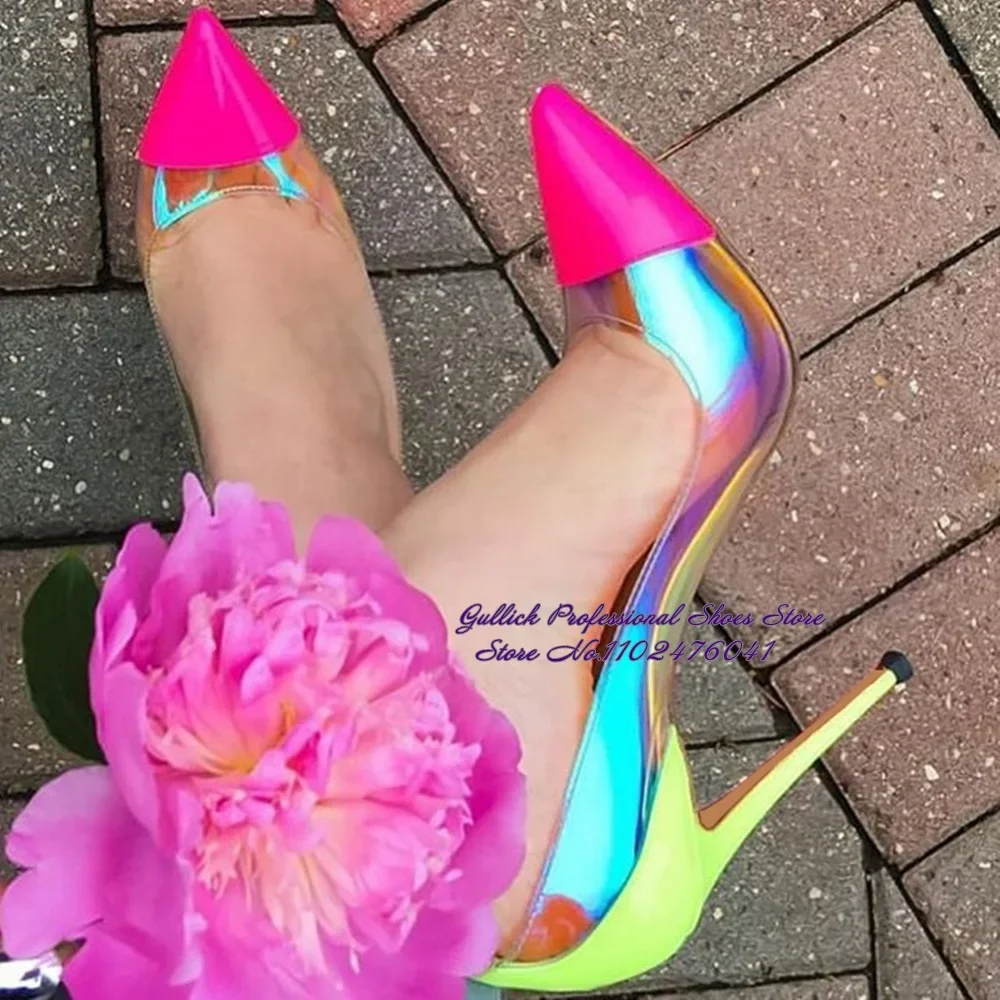 

ALMUDENA Lime Green Stiletto Heels Hologram Iridescent PVC Wedding Shoes Hot Pink Pointed Toe 12cm 10cm 8cm Banquet Pumps Size45