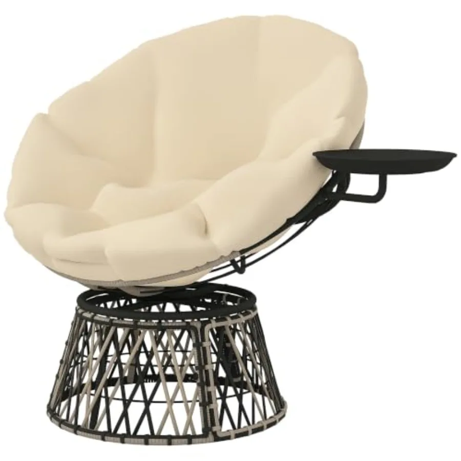 Outdoor Papasan Chair for patio use, rattan material, beige color, 360 swivel base and side tray included