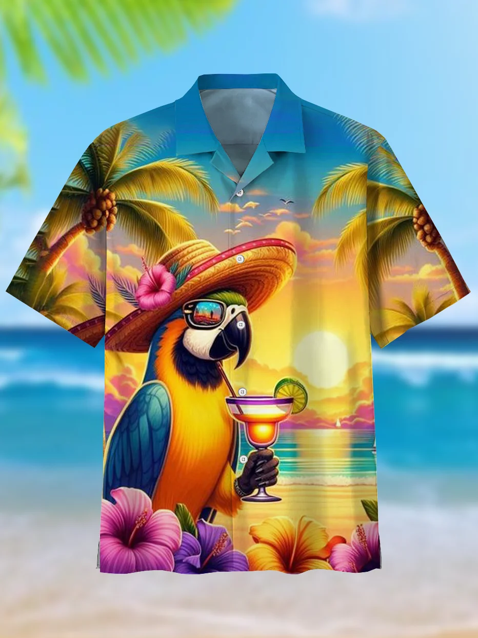 

Attractive Parrot Men's Guitar Hawaiian shirts 3D Print Men's Summer Loose Beach Oversize Short-sleeved Top Men's Shirts For boy