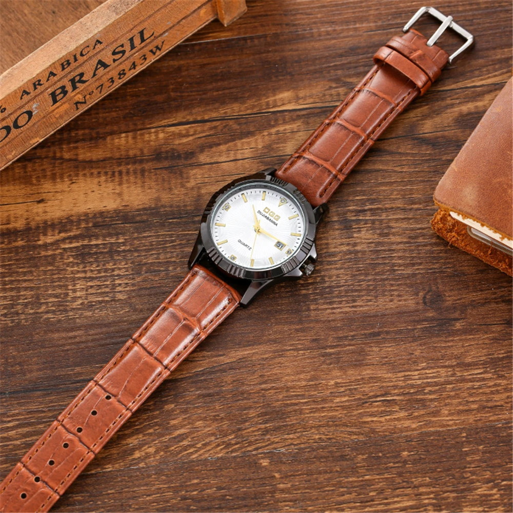 Fashion DQG Brand Men Watches Simple vintage Scale Calendar Mens Quartz Watch Luxury Brown Leather Dress Wristwatches Clock