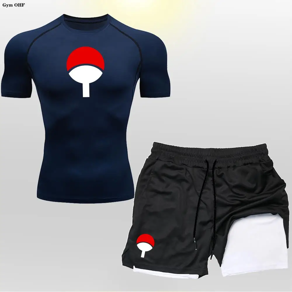 Anime 2 in 1 Shorts Men's Set Compression T Shirt Sportswear Suits Gym Training Clothes Jogging Sports Running Tracksuit Men