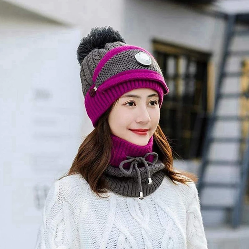 3-Piece Women's Winter Knitted Set: Fashionable Wool Hat, Warm Face Mask, And Neck Scarf