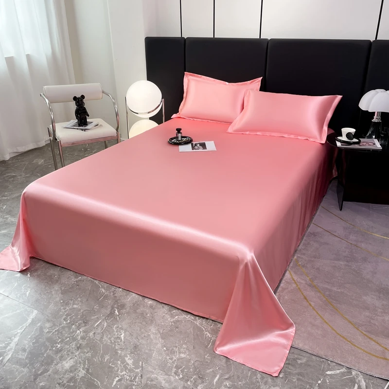3Pcs/Set or 1Pcs Luxury Satin Bedsheet Soft Comfortable Solid Color Flat Sheet Single Double Twin King Size Bedding Sheet