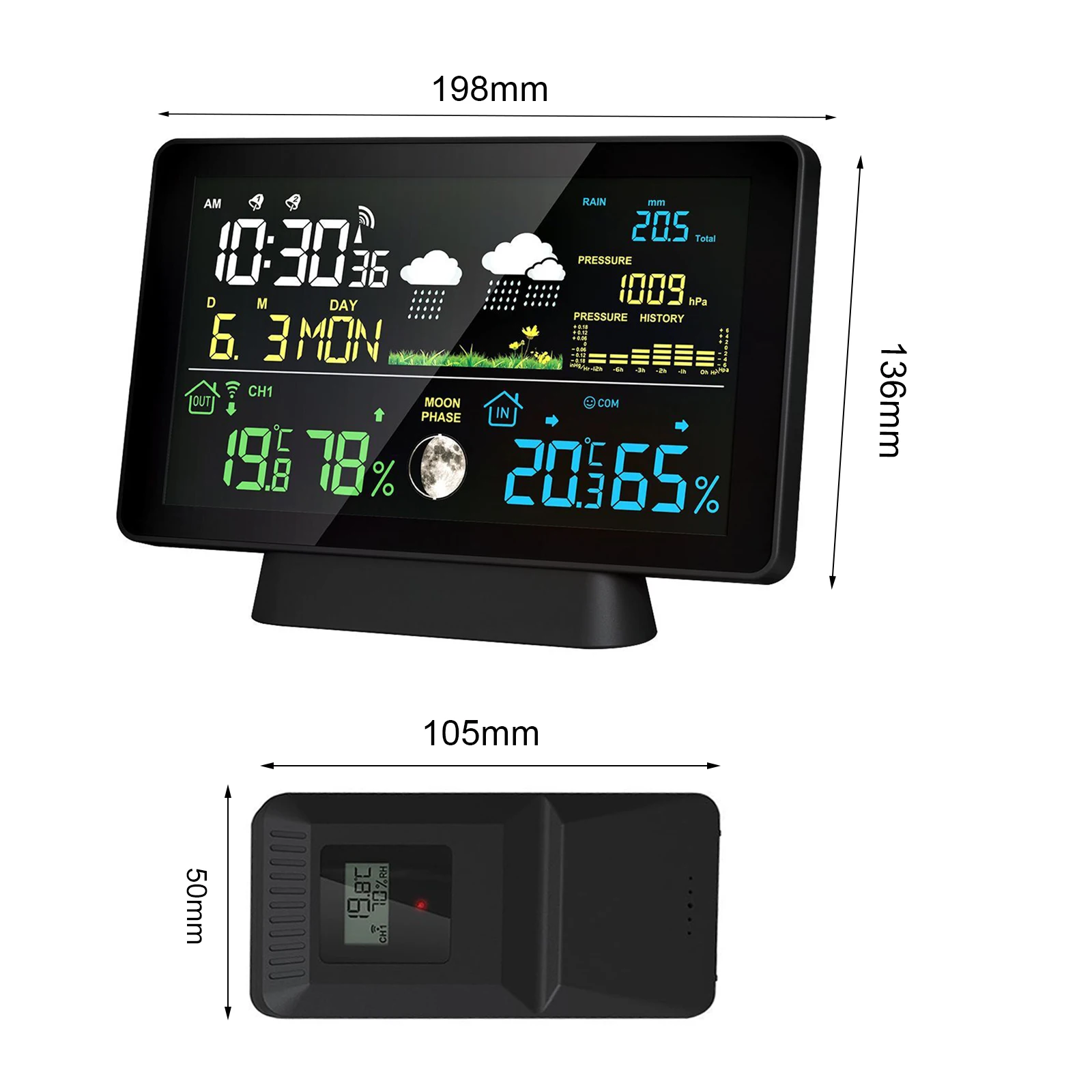 Wireless Weather Station 8-in-1 Indoor/Outdoor Thermometer Temperature Display Rain Gauge Digital Clock 7.5-inch Touchscreen