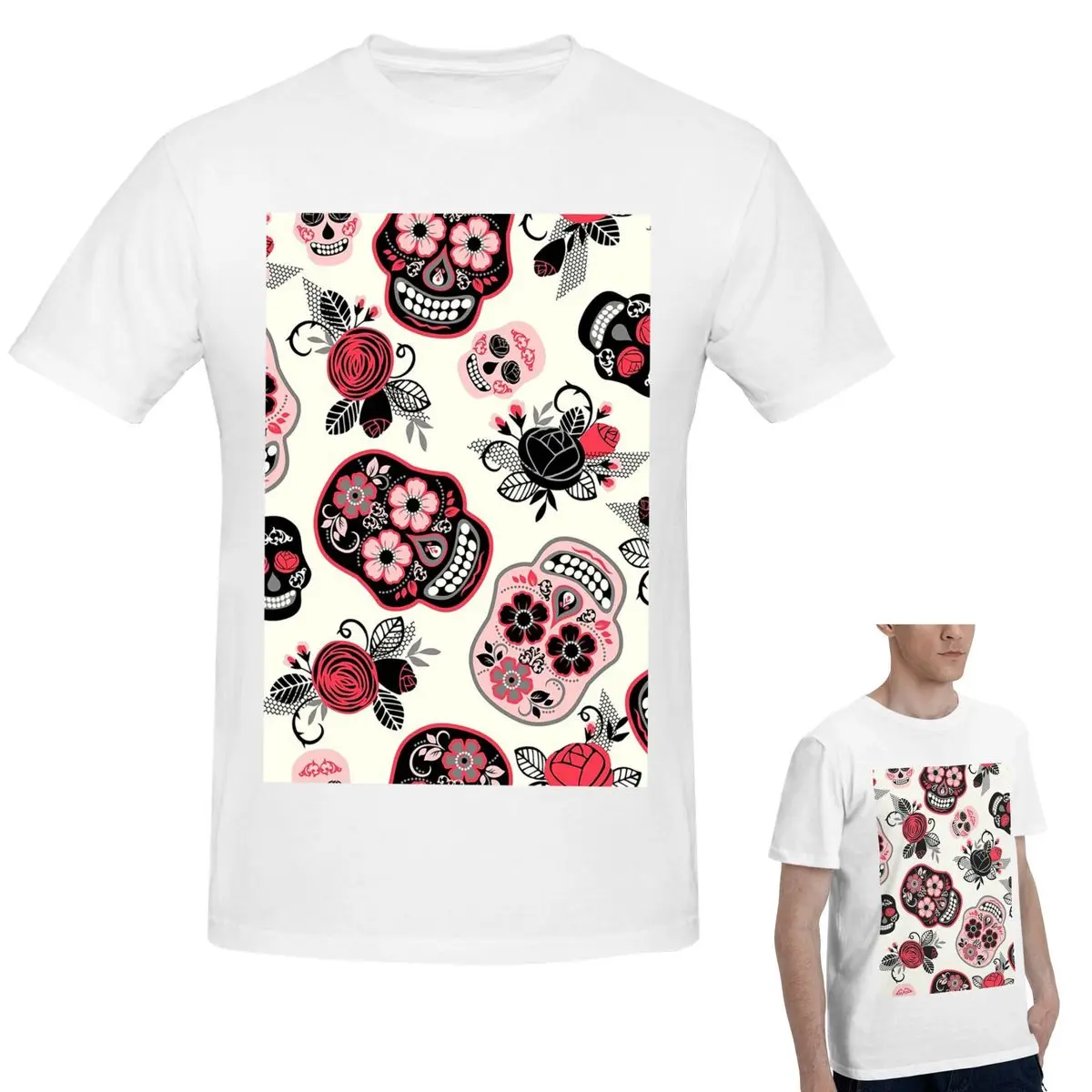 

100% Cotton Day Of The Dead Skulls And Roses T-Shirt Men's Fashion Oversized T Shirt Men Crew Neck Summer Shirts Tops S-6XL