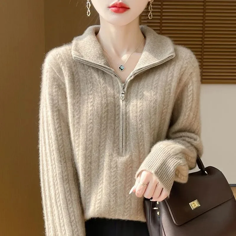 

Осень-зима, однотонный пуловер на молнии, свитер с длинными рукавами, вязаная элегантная женская одежда, универсальные топы с полуоткрытым воротником