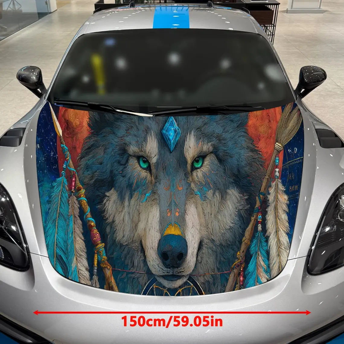 Dreamcatcher Wolf Visual Wonder Journey PVC Car Hood Wraps, Self-Adhesive Waterproof Car Bonnet Decal Sticker, Car Decoration Pr
