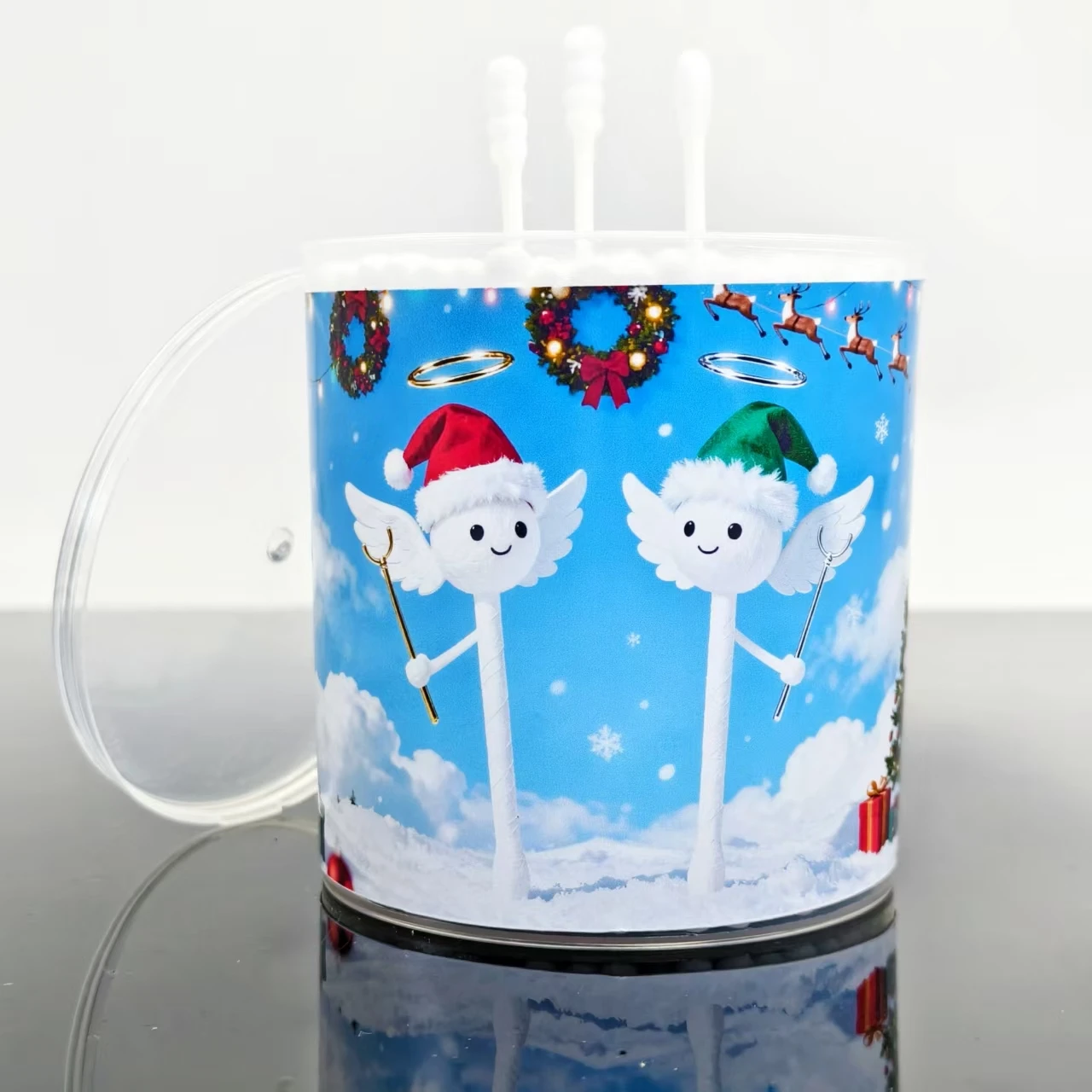 Tamponi di cotone modello singolo cappello natalizio da 200 pezzi, tamponi di cotone regalo per le vacanze con testa a vite bianca