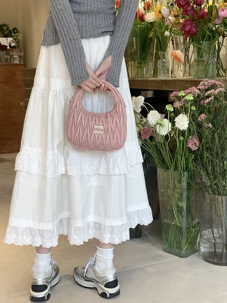 White Midi Skirts for Women Sweet Lace Tender Chic Teens Autumn Winter High Waist Korean Fashion Tiered Skirt Aesthetic Students