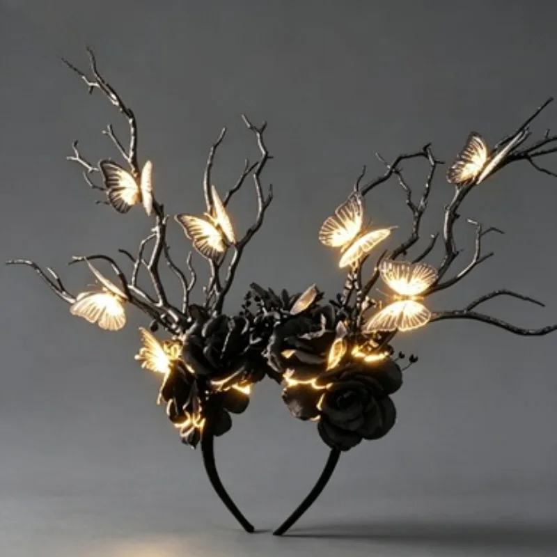 Day of the Dead Gothic Headband, LED Glowing Butterfly Branch Horn Hairband, LIGHT UP Dark Woodland Tree Crown for  Halloween