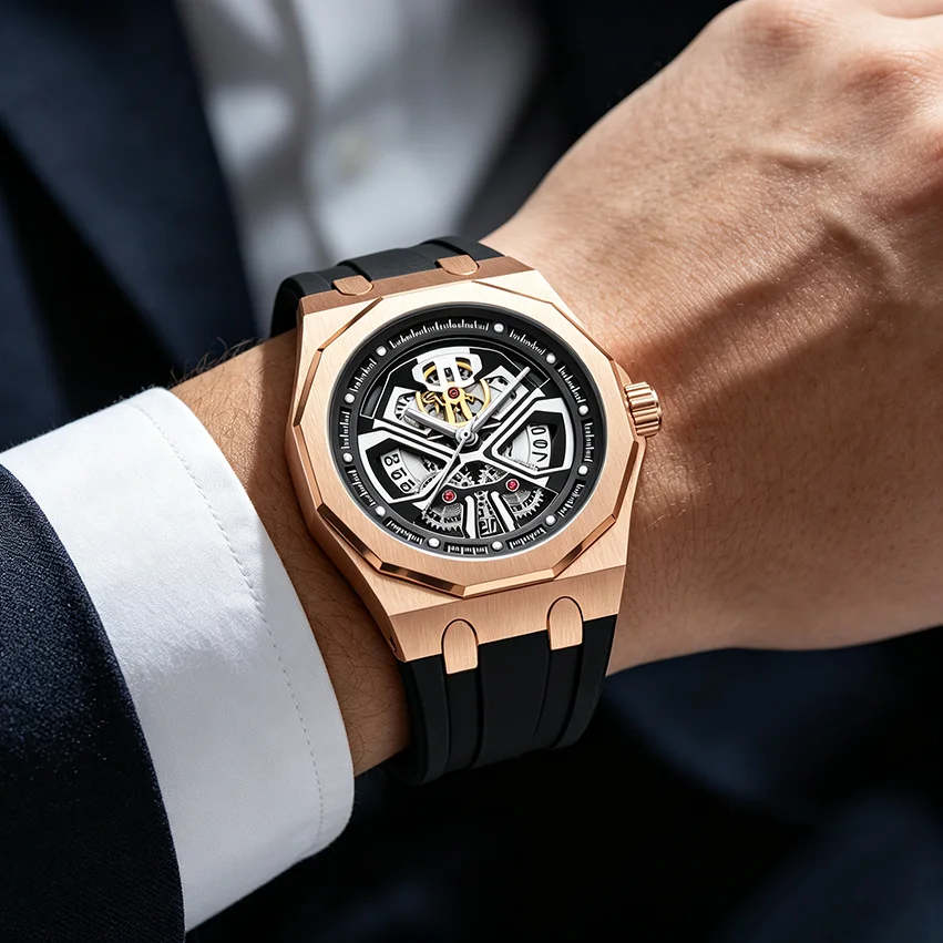 Men's Large Quartz Watch Black Warrior 12-Sided Case Hollowed-Out Face Silicone Strap Crafted with Precision Quartz Movement