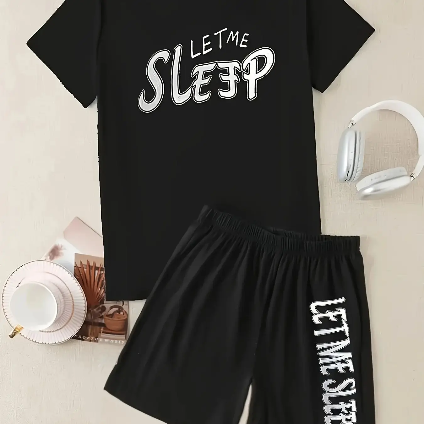 

Men's Plus Size Pajama Set - Crew Neck Design, Polyester-Spandex Blend, Knit Fabric, Basic Style for All-Season Comfortable Wear