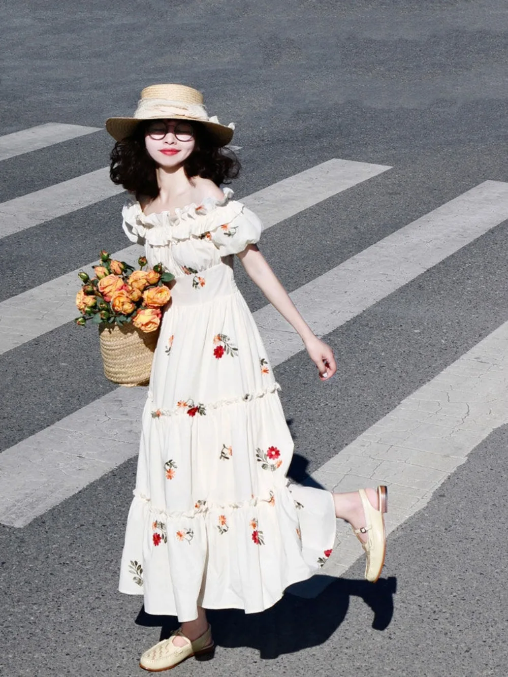 

French Romantic Floral Dress 2025 Summer Puff Sleeve Maxi Gown Coquette Aesthetic Ethereal First Love Inspired Fashion